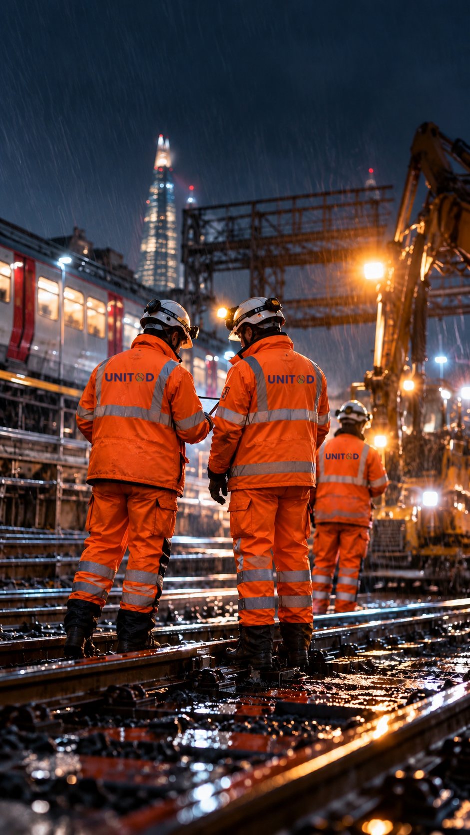 UNIT8D operatives in branded hi-vis reviewing plans on a rail site at night, the Shard behind