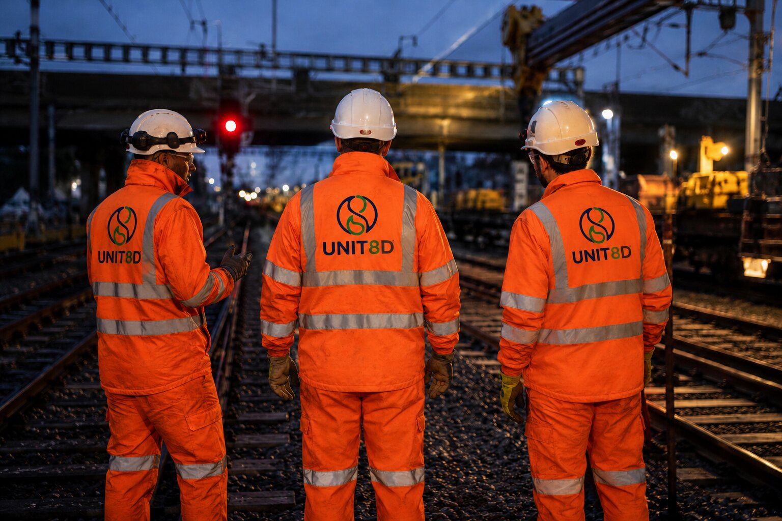 Three UNIT8D operatives in branded hi-vis on a rail site at dusk