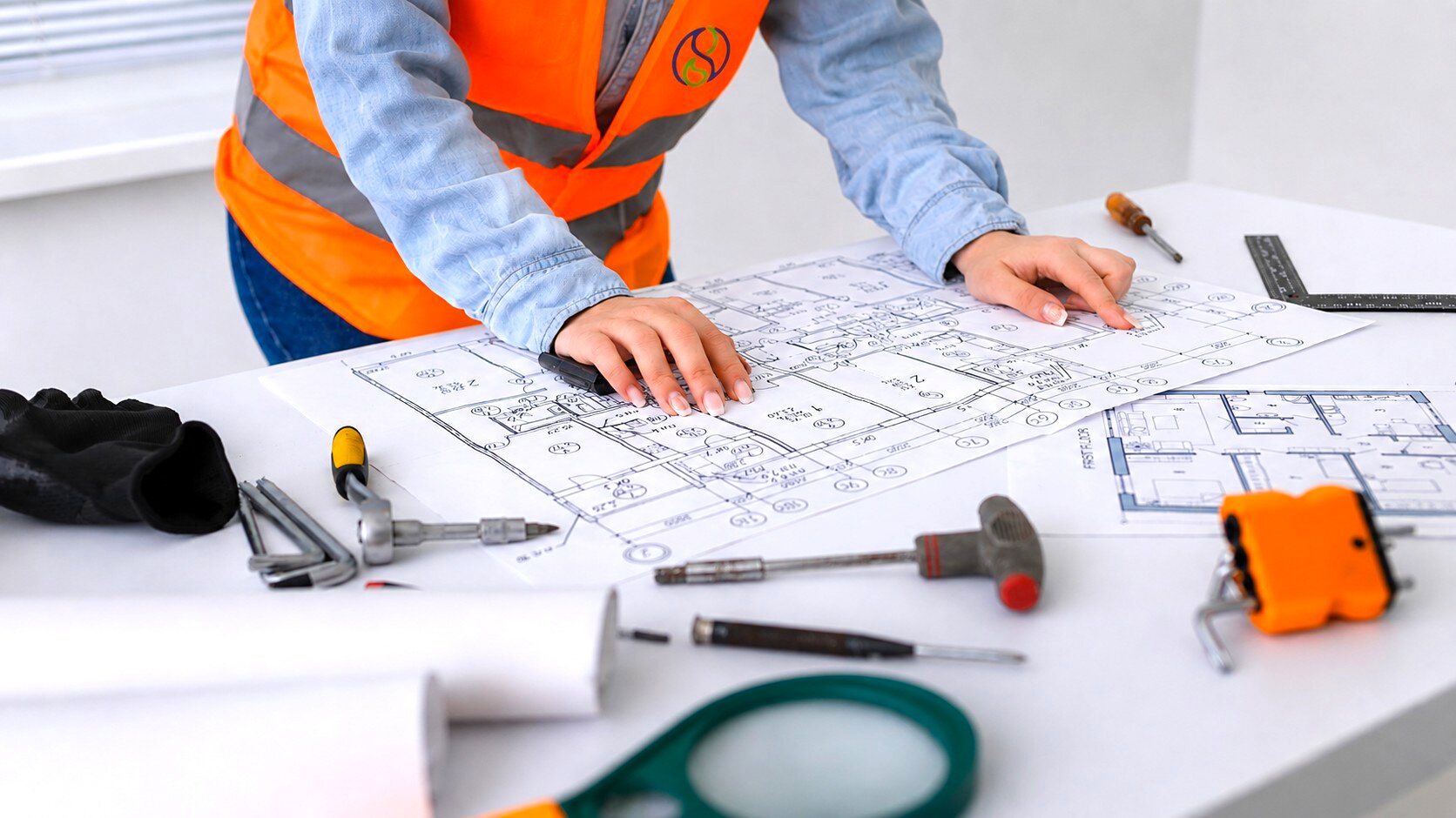 Supervisor marking up technical drawings before work starts