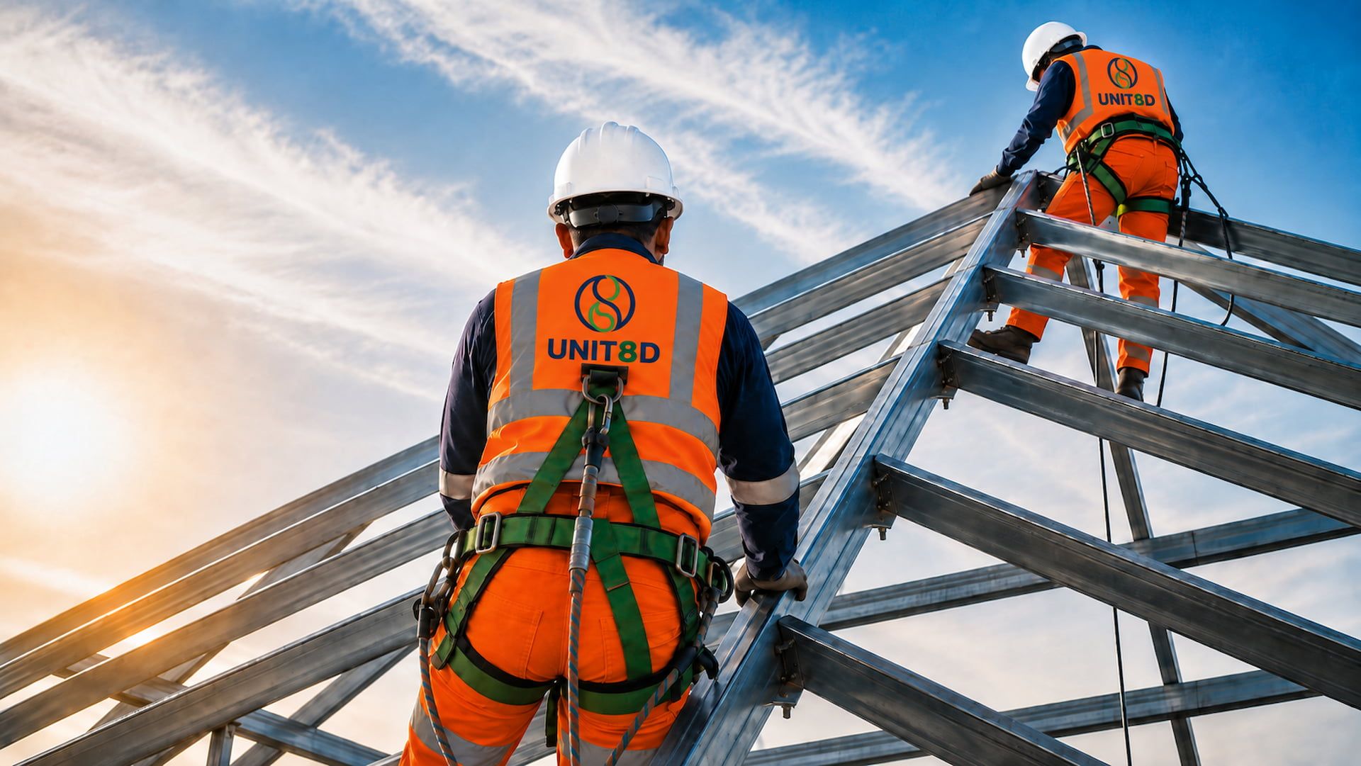 Operatives in safety harnesses working at height on a steel structure